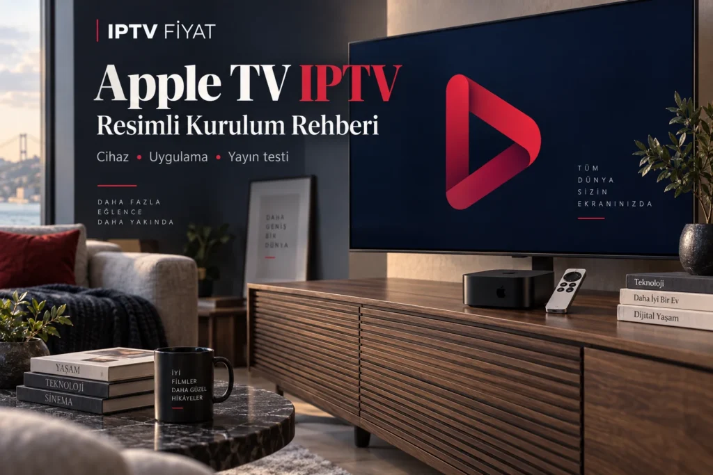 Apple TV IPTV kurulumu için Apple TV kutusu, kumanda ve televizyon