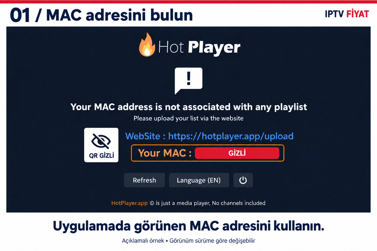 Hot IPTV kurulumunda uygulama MAC adresinin bulunduğu ekran