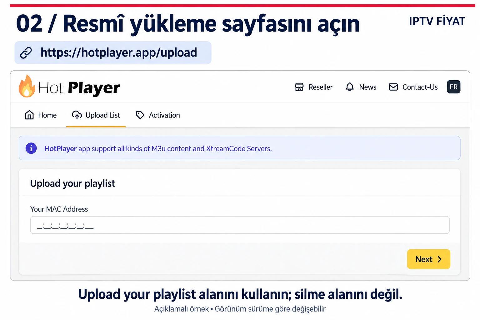 Hot IPTV resmi panelinde Upload your playlist ve MAC adresi alanı