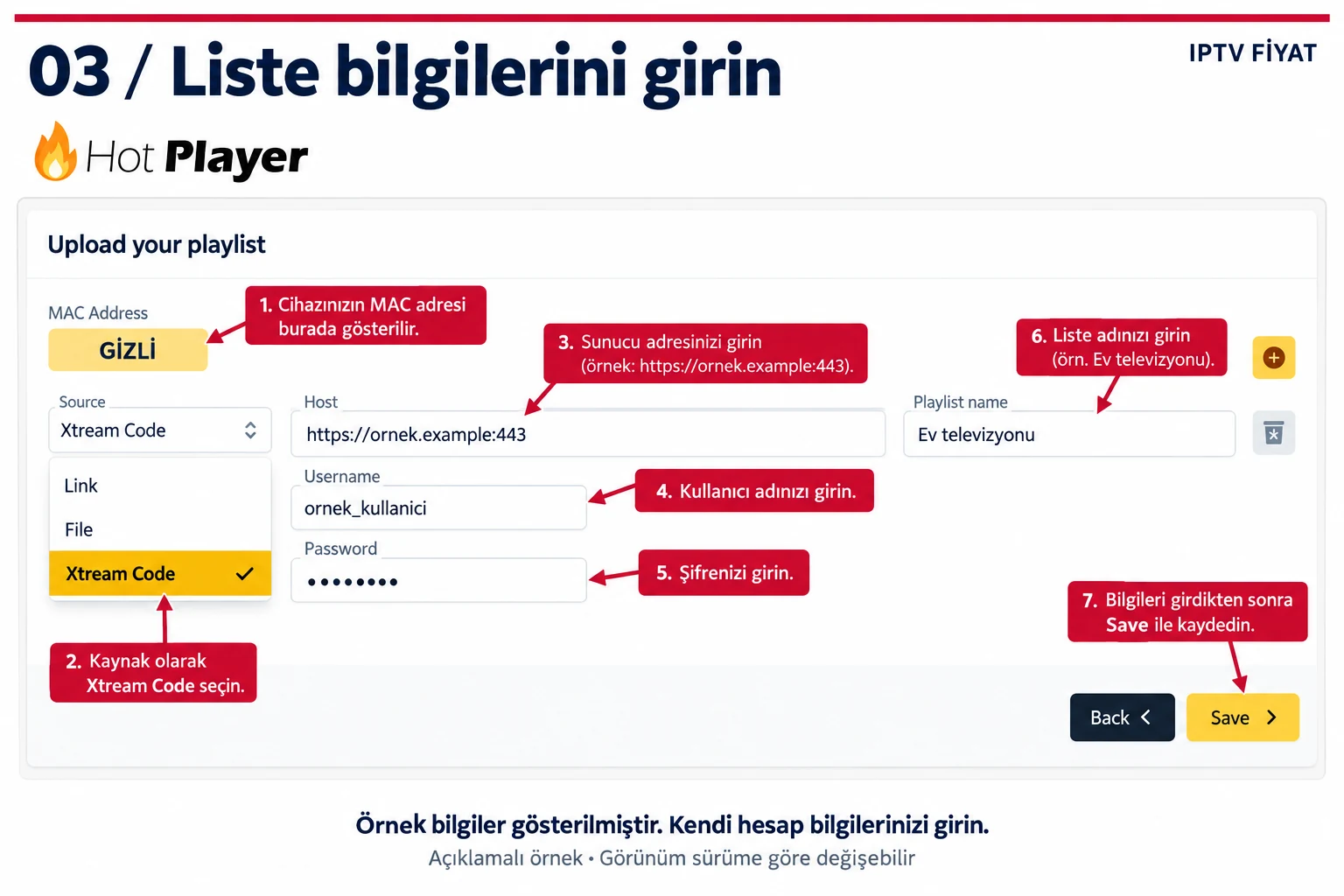 Hot IPTV Xtream Code ayarlarında Host Username Password ve Playlist name alanları