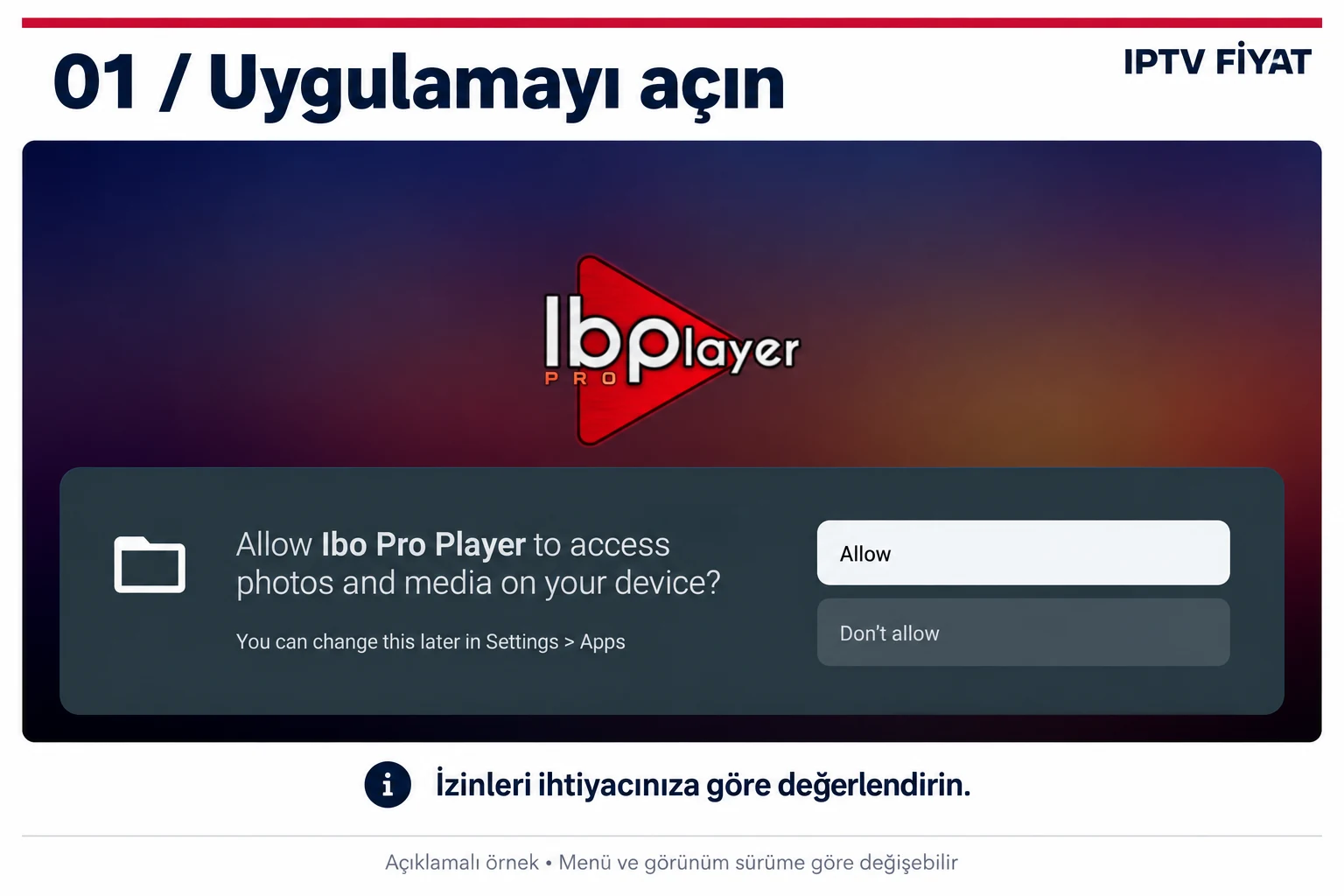 IBO Player kurulumu: uygulamayı açma ve medya erişim iznini değerlendirme örneği