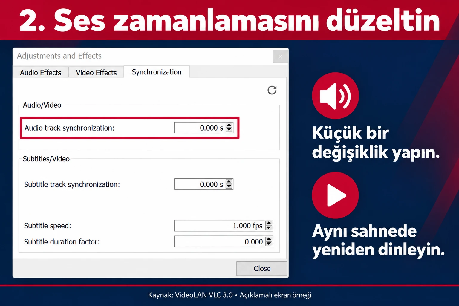 IPTV ses sorunu için VLC Audio track synchronization alanının açıklamalı örneği