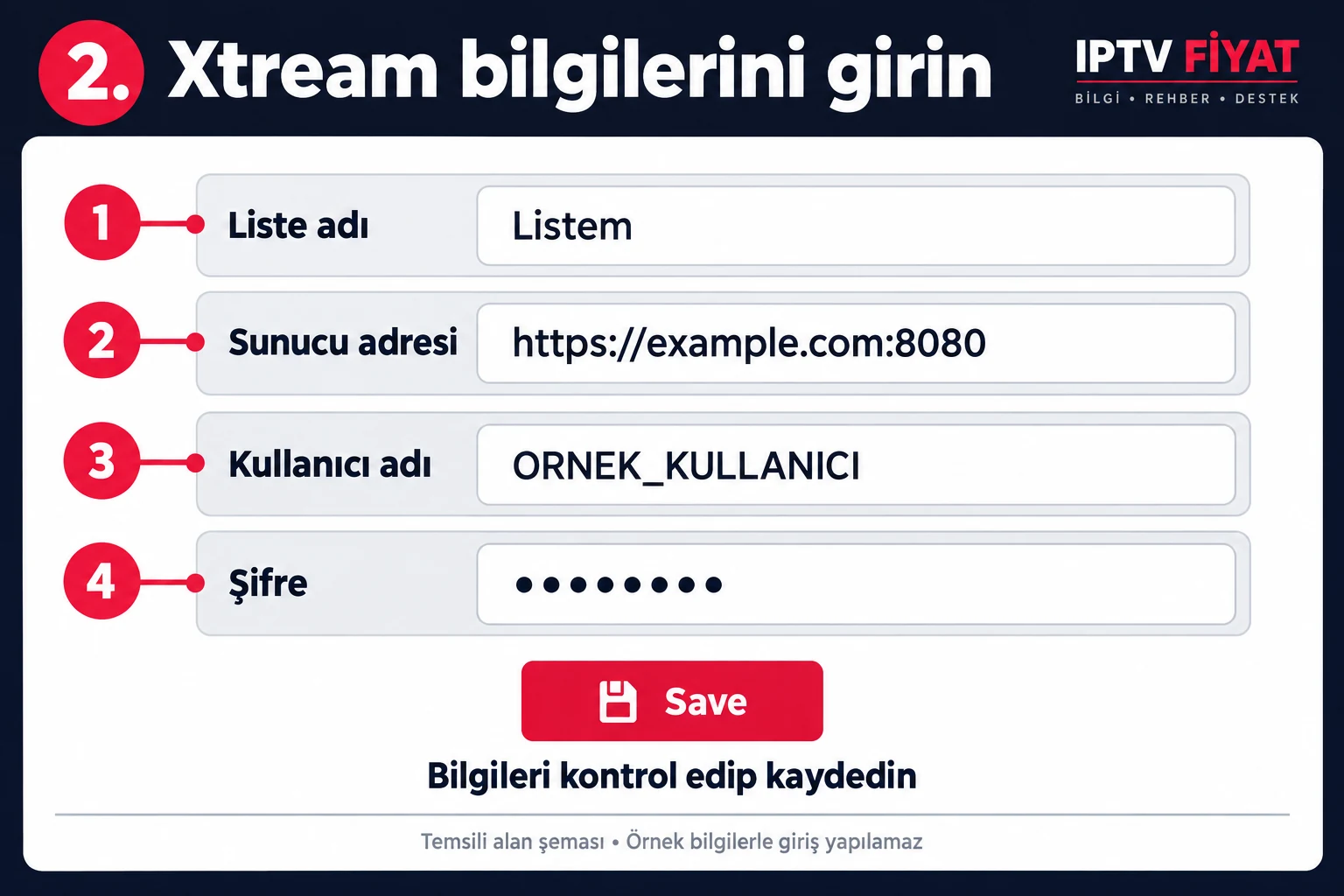 Telefonda IPTV kurulumu için sunucu kullanıcı adı ve şifrenin ayrı girilmesi
