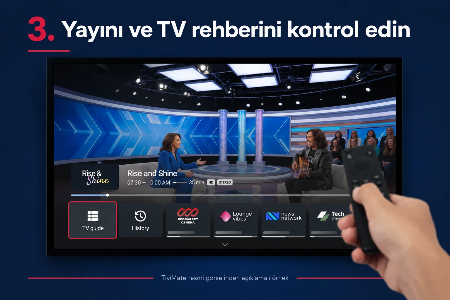 TiviMate kurulumu sonrası TV guide düğmesi ve ilk yayın kontrolü