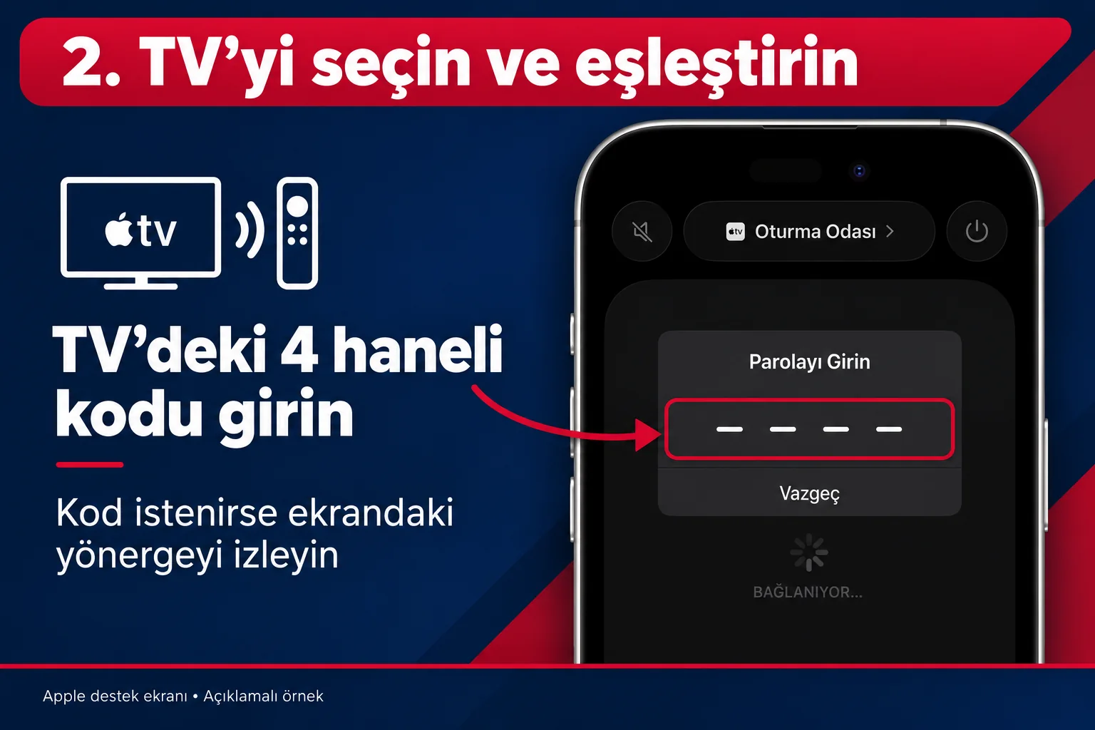 Apple TV iPhone kumanda eşleştirmesinde dört haneli kod alanı