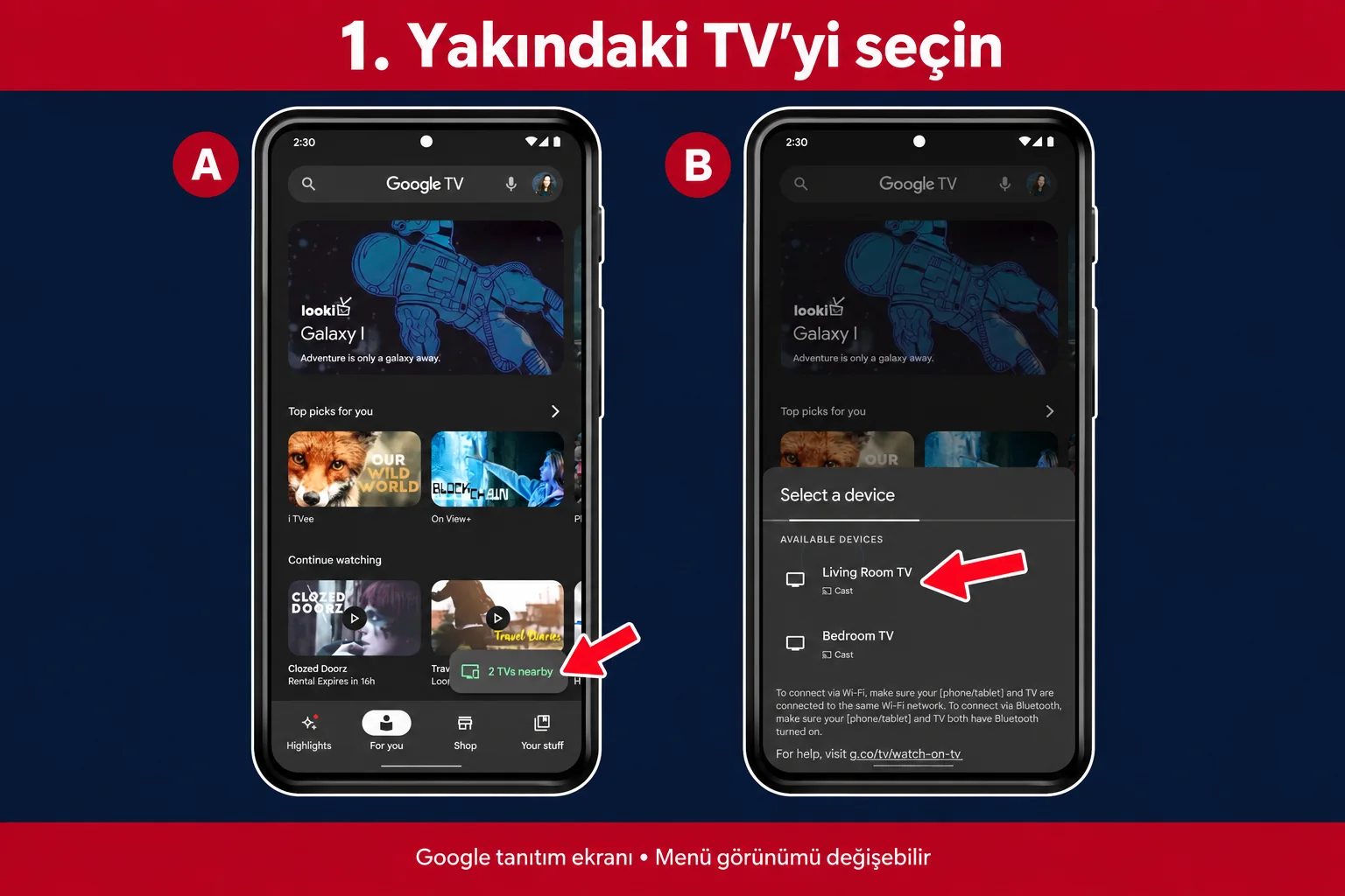 Google TV telefon kumanda için yakındaki TV düğmesi ve cihaz seçimi
