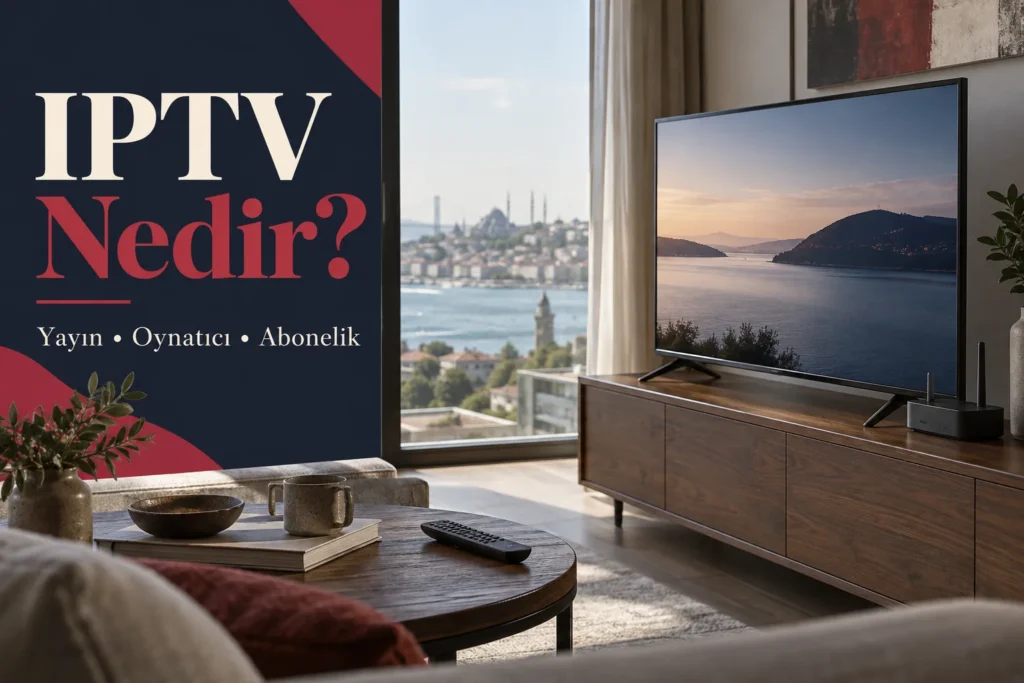 IPTV nedir rehberi için İstanbul manzaralı evde televizyon ve yayın cihazı