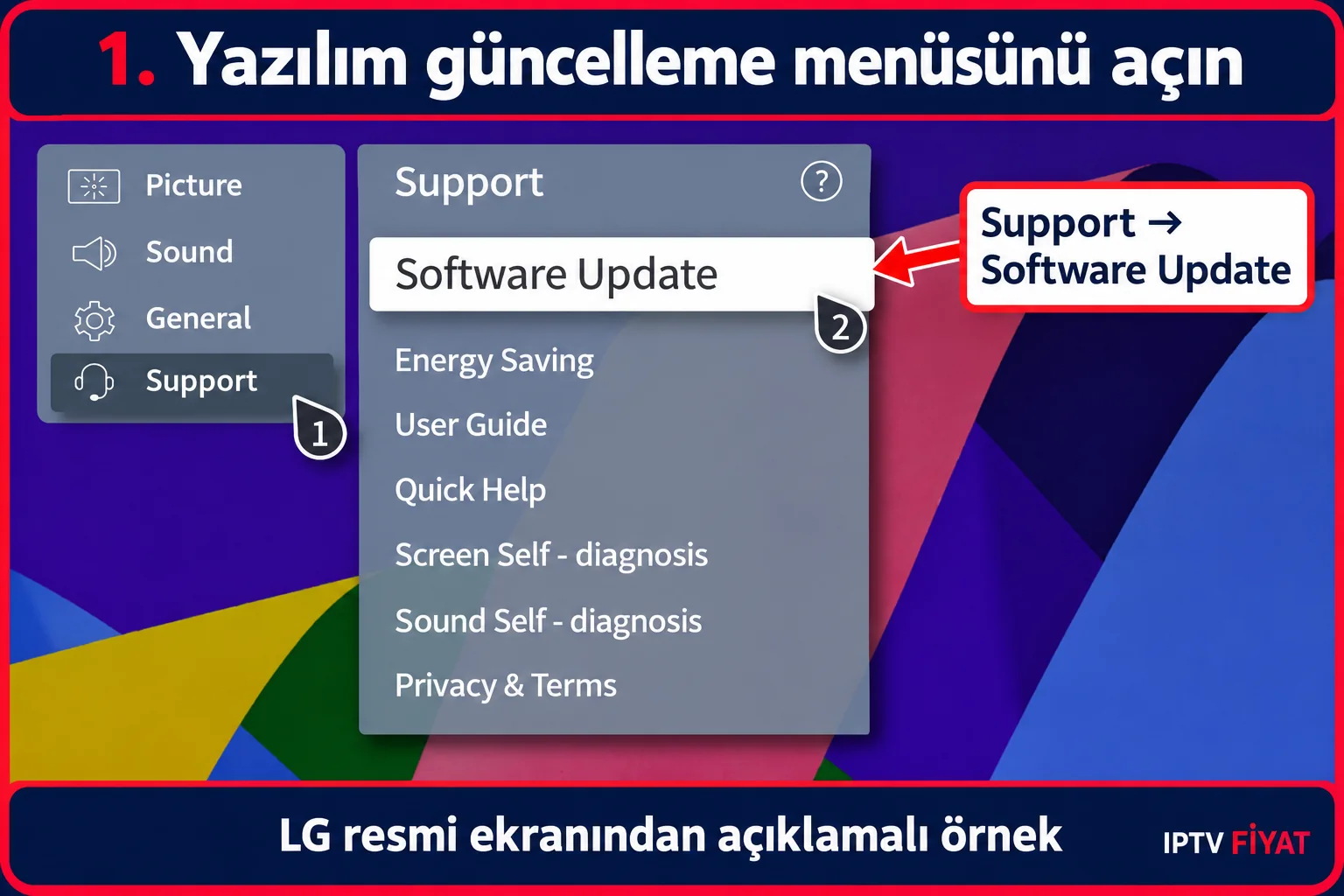 LG TV yazılım güncelleme için Support içindeki Software Update menüsünü açma