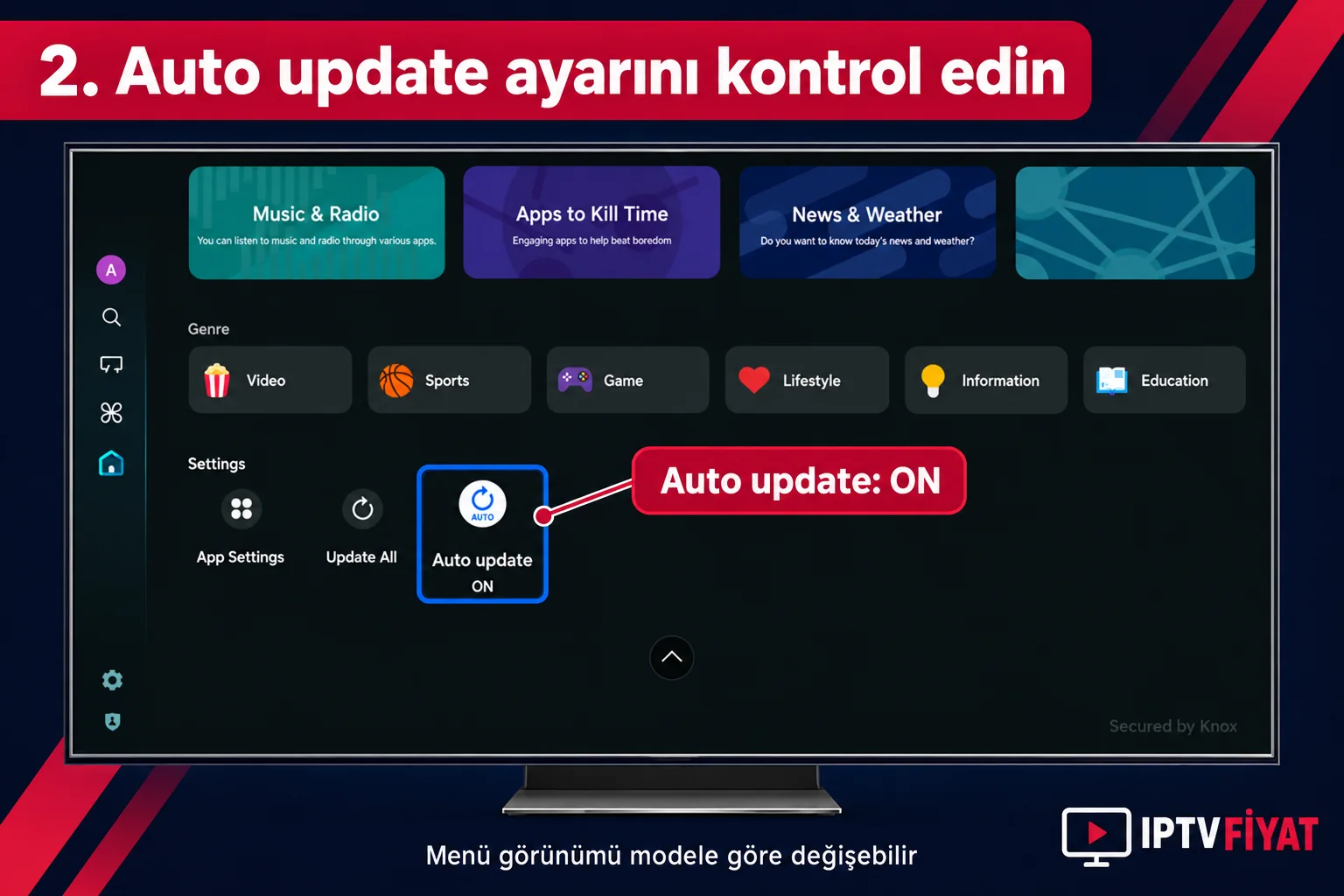 Samsung TV uygulama güncelleme menüsünde Auto update ON seçeneğini kontrol etme