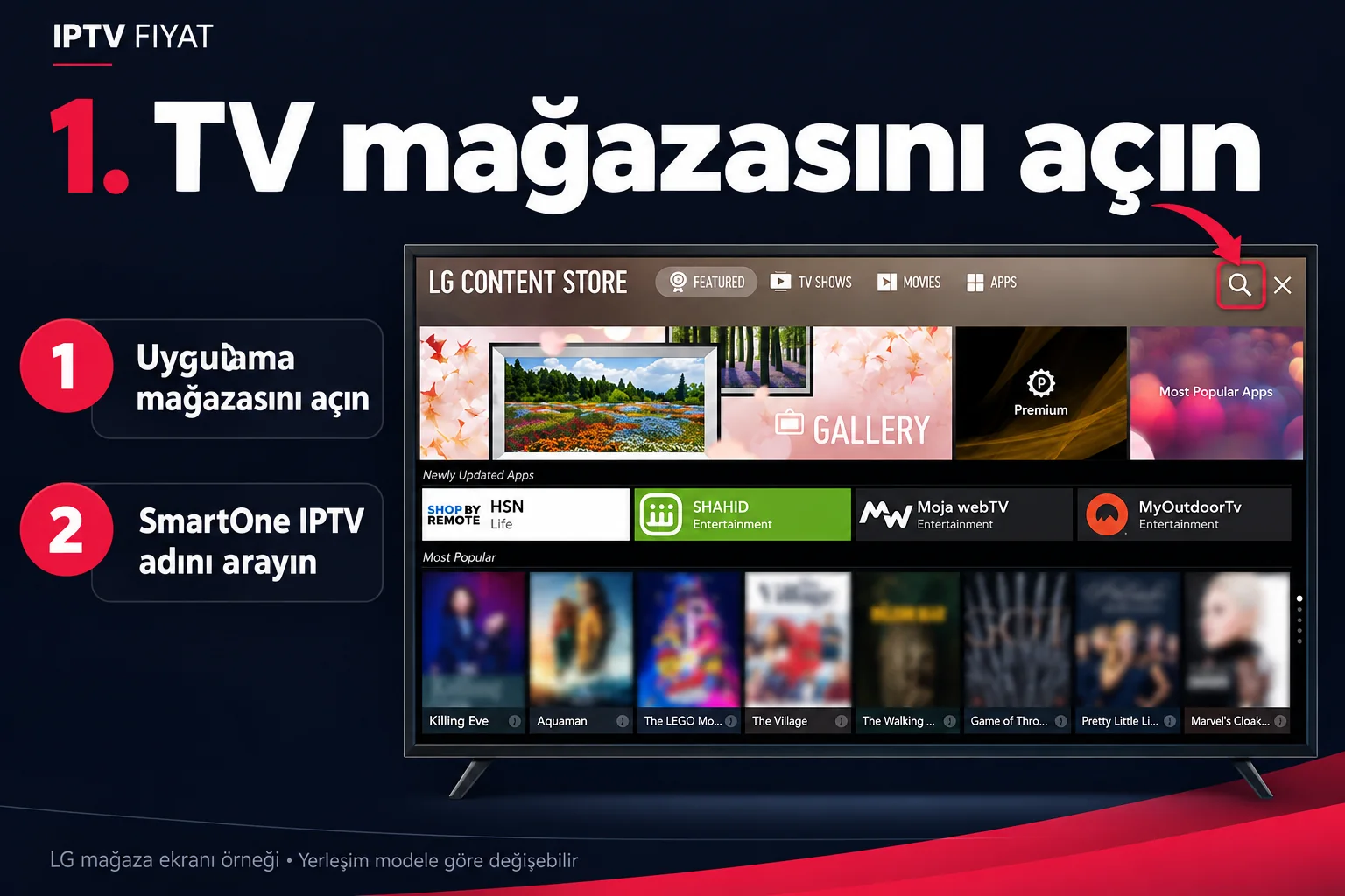 SmartOne IPTV kurulumu için LG Content Store arama alanını gösteren açıklamalı ekran