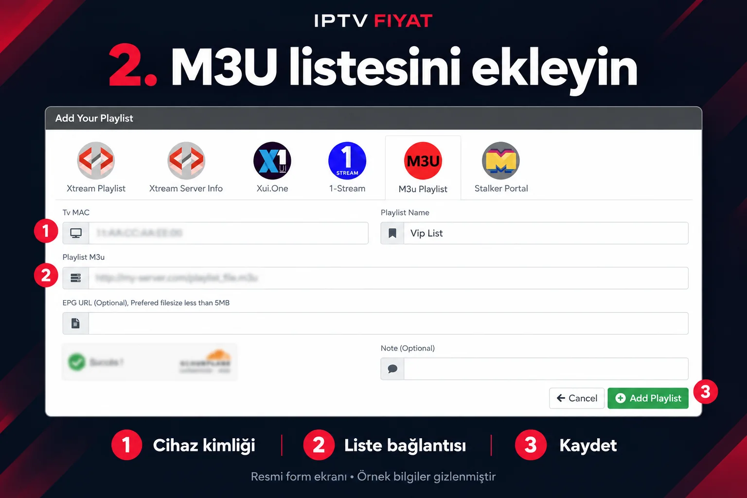 SmartOne IPTV kurulumu sırasında Tv MAC, Playlist M3u ve Add Playlist alanları